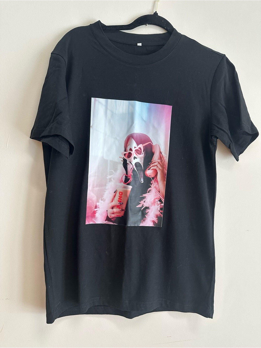 Black Graphic Crewneck T-Shirt with Pink Accent Print